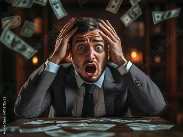 Fototapeta Shocked man sitting at a table with money falling around him