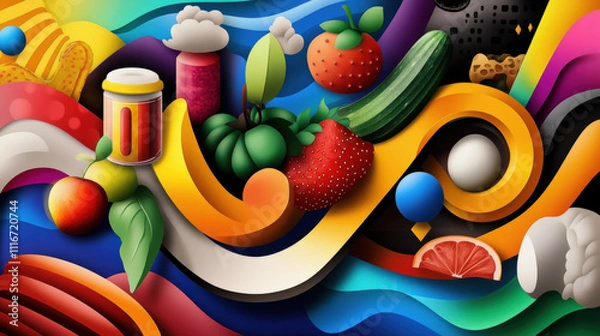 Fototapeta vibrant abstract composition featuring colorful fruits, vegetables, and swirling patterns, evoking playful and dynamic energy