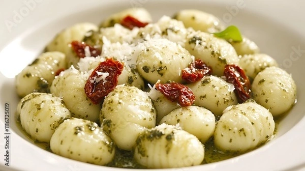 Obraz A plate of gnocchi topped with pesto and sun-dried tomatoes, garnished with cheese.
