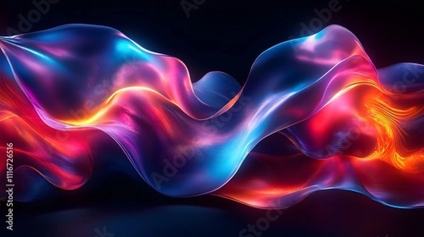 Fototapeta Futuristic abstract 3D holographic shape with fluid iridescent colors and glowing effects, creating a dynamic visual experience against a black background
