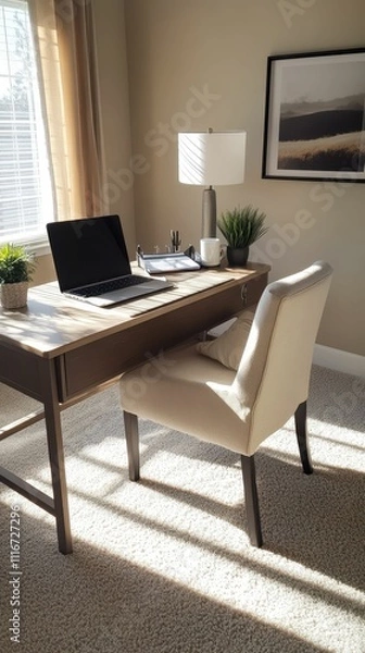 Fototapeta Sunlit home office: desk, laptop, chair, plants.