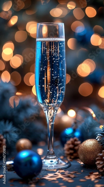 Fototapeta Elegant Blue Champagne Flutes in Festive Setting. Blue champagne flutes in a sparkling holiday scene with warm bokeh lights and festive decor.