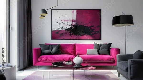 Fototapeta Minimalist living room with fuchsia sofa, charcoal cushions, sleek coffee table, abstract art, and natural light.