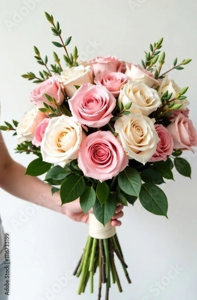 Fototapeta A hand holds a large beautiful bouquet of various roses on a white background.
