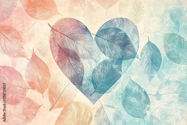 Fototapeta A light-filled heart design blending pastel tones and a natural leaf-inspired pattern