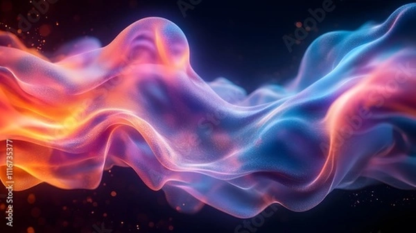 Fototapeta Futuristic abstract 3D holographic shape with fluid iridescent colors and glowing effects, creating a dynamic visual experience against a black background