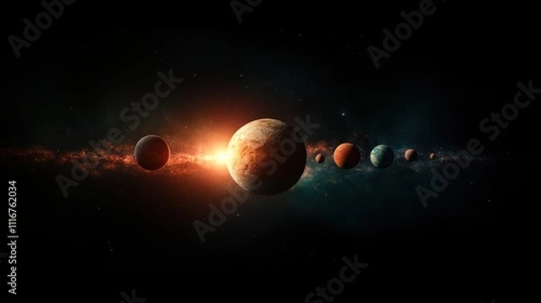 Obraz A stunning cosmic scene showing multiple planets in alignment against a backdrop of deep space, highlighted by glowing light and ethereal stars.