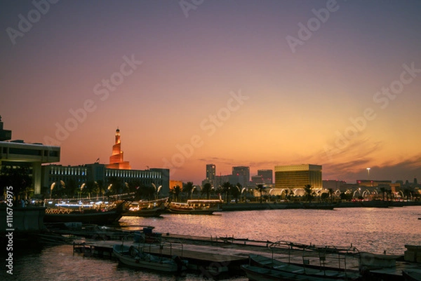Fototapeta sunset view from the seaside of souq waqif area in doha qatar
