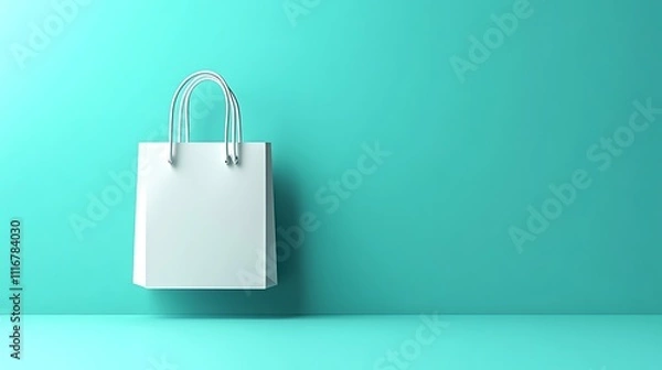 Fototapeta A minimalist white shopping bag against a turquoise background, emphasizing simplicity.