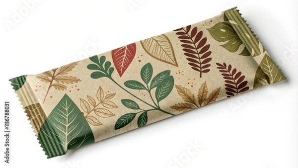 Fototapeta Kraft paper flow pack mockup with colorful leaves, ideal for organic products, eco friendly brands