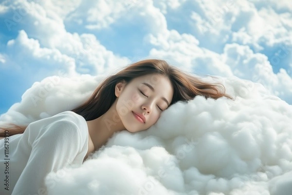 Fototapeta Young Japanese woman peacefully sleeping on fluffy clouds under a bright blue sky, symbolizing serenity, relaxation, and dreams in a surreal heavenly atmosphere