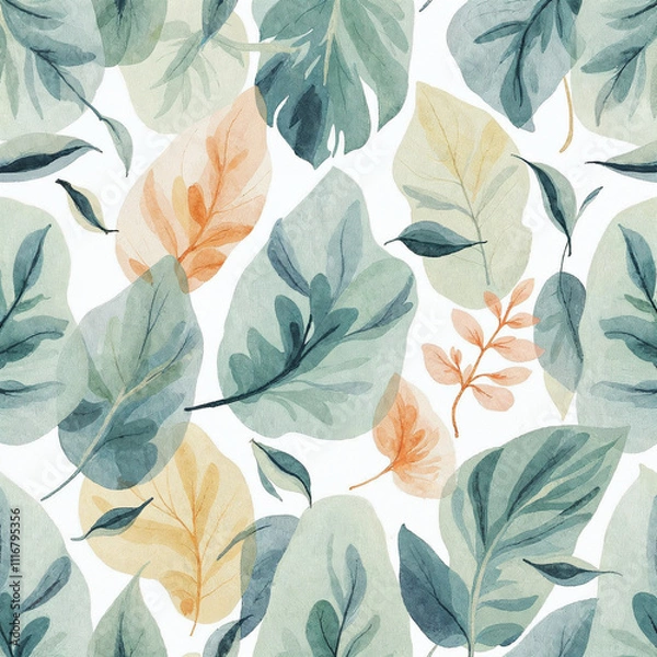 Fototapeta Watercolor illustration of leaves seamless pattern on white background