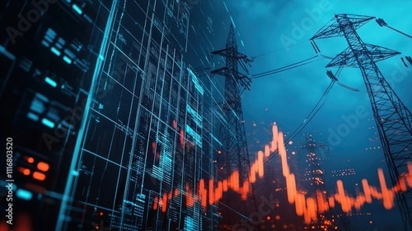 Obraz A futuristic view of power transmission lines with digital data visualization, highlighting the integration of technology and energy.