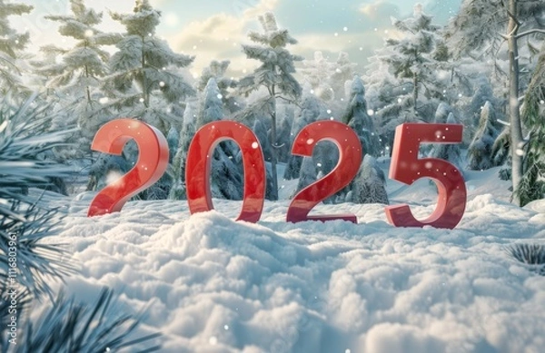 Fototapeta Large red numbers 2025 covered in snow stand in snowy forest landscape. Evergreen trees seen in background. Winter scene with snow falling. Photo for new year 2025, holiday season, winter wonderland,