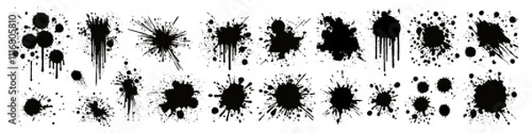Fototapeta Black ink blots with drops vector illustration. Set of paint and ink splatters and stains. Various hand-drawn spray design elements, including splashes of paint with drops