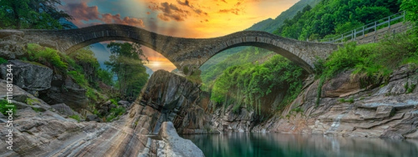 Obraz Panoramic Ancient double arch stone Roman bridge (Ponte dei Salti) over the clear water of the Verzasca river in Lavertezzo ,Verzasca Valley, Ticino Canton, Switzerland
