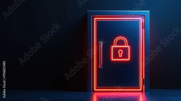Fototapeta A glowing neon door with a padlock design, symbolizing security and privacy, stands against a dark background.