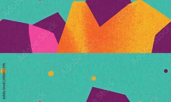 Fototapeta Riso Printed Pattern, abstract retro shapes, neon pattern, flat 2d, minimalist, orange and teal, black, background, wallpaper, backdrop, pattern for fabric, textile pattern, printmaking, risograph