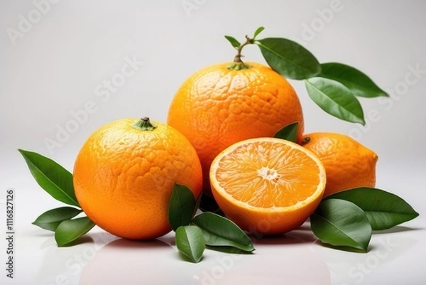 Fototapeta Half sliced and raw of Citrus sinensis ( called jeruk baby santang ) with leaves – local fresh fruit from Indonesia. Isolated fruit on a wooden basket / bowl. Image photo