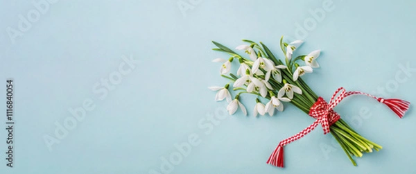 Fototapeta Snowdrops bouquet with traditional martisor decoration. Festive spring snowdrops tied with martisor thread. Banner with space for text, suitable for Baba Marta holiday, advertisement, greeting.