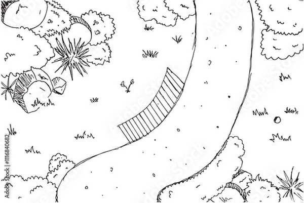 Obraz hand drawn architectural sketch of beautiful garden and bush with white background and black pen