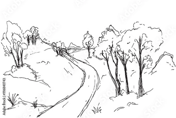 Obraz Rural landscape with road and tree with black pen hand drawn illustration