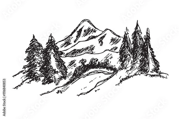 Obraz Vector hand drawn mountain sketch, wild nature, nature illustration. white and black illustration.