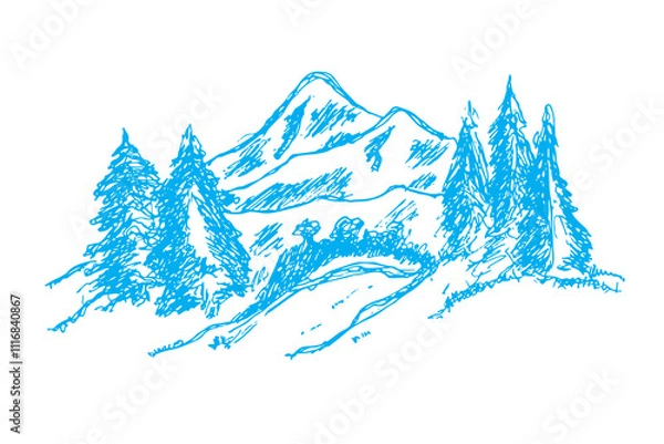 Obraz Vector hand drawn mountain sketch, wild nature, nature illustration. white and blue illustration.