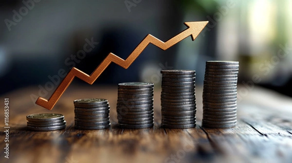 Fototapeta A symbolic stack of coins next to an upward arrow representing financial growth success investment profitability and economic development on a neutral background conveying wealth and prosperity