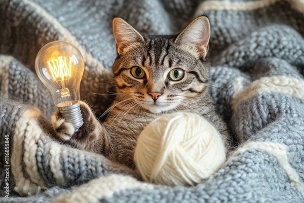Obraz Cat holding light bulb and yarn ball on knitted blanket