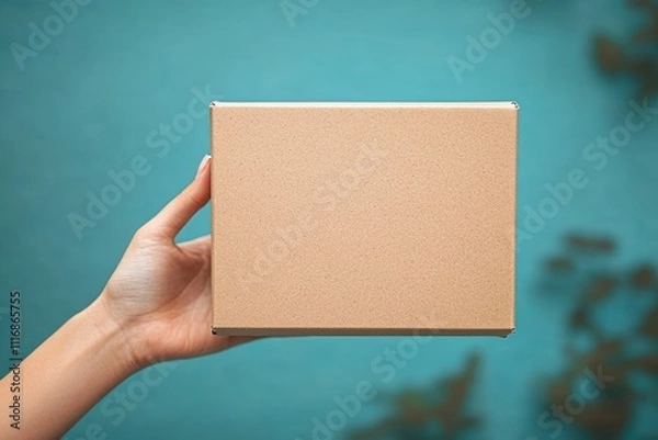 Fototapeta Hand Holding Brown Cardboard Box on Pastel Blue Background for Delivery and Gift Concept