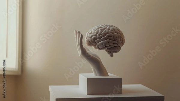 Fototapeta Greco-Roman Statue of a hand holding a brain symbolizing higher thought, learning and intelligence and accessibility to knowledge
