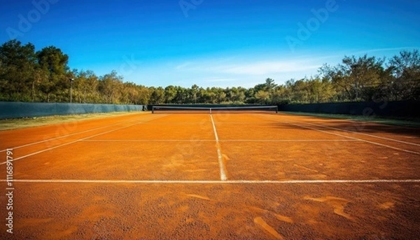 Fototapeta A sunny view of a clay tennis court with a net in the background.
