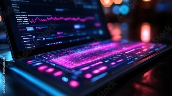Obraz Futuristic Laptop Displays Financial Market Data Graphs