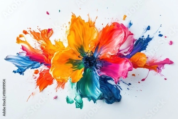Fototapeta A vibrant, abstract flower made of colorful paint splatters on a white background.