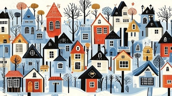 Obraz Charming illustration of a colorful village nestled amongst bare trees in winter.