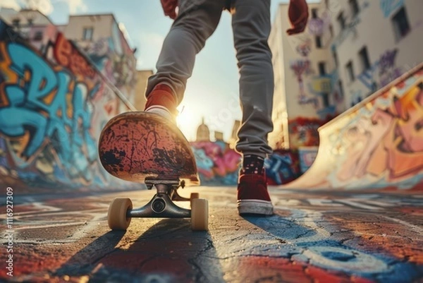 Obraz Skateboarding action of a teenager at a graffiti park urban environment dynamic perspective youth culture concept