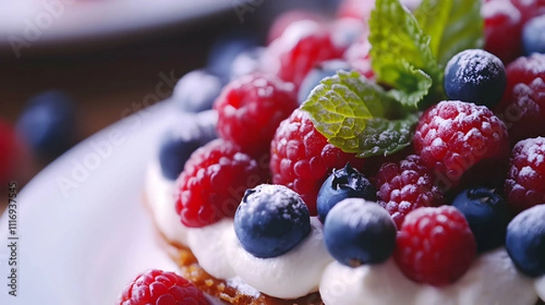 Fototapeta Close-up shot of a sweet dessert topped with fresh berries and mint leaves, perfect for food stylinghigh quality image
