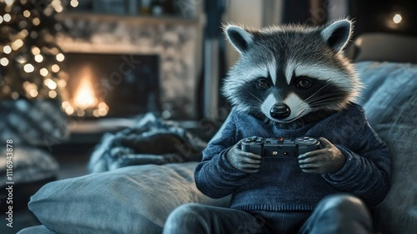 Fototapeta A raccoon character in a cozy setting playing video games by a fireplace.