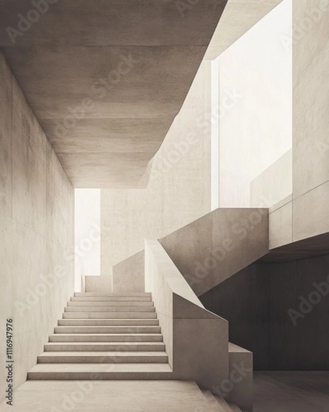 Fototapeta A minimalist interior featuring concrete stairs and natural light.
