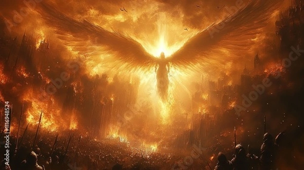 Fototapeta divine angelic figure descends upon chaotic battlefield with heavenly army in apocalyptic war