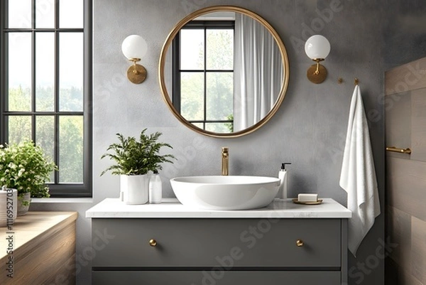 Fototapeta Elegant Modern Bathroom with Gray Vanity, Gold Accents, and Round Mirror Featuring Minimalist Decor and Natural Light.