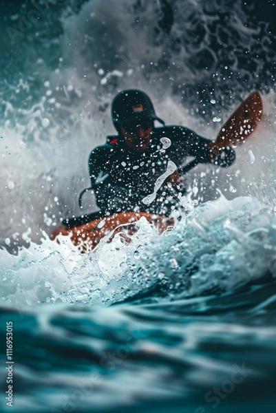 Fototapeta Kayaker Performing a Trick in Rapids with Dramatic Water Splashes.