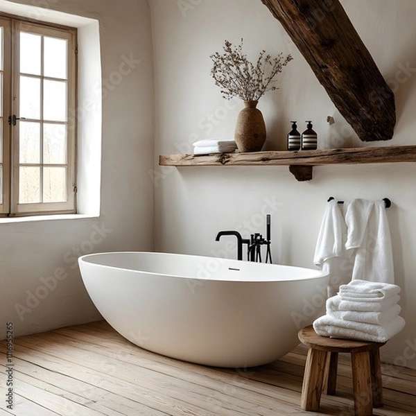 Fototapeta Serene Bathroom with Freestanding Tub, Wooden Shelves, and Natural Decor Elements. Cozy and Spa-Like Atmosphere with Plants and Wicker Baskets Illuminated by Natural Light.