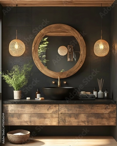 Fototapeta Modern Rustic Bathroom Design with Wooden Accents, Round Mirror, and Black Basin Featuring Elegant Lighting and Natural Decor Elements for a Cozy and Inviting Atmosphere.