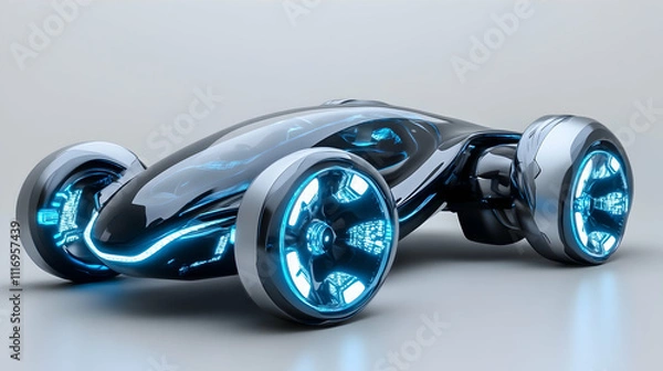Fototapeta Futuristic black electric concept car with glowing blue accents, sleek design, and large wheels on a light gray background.