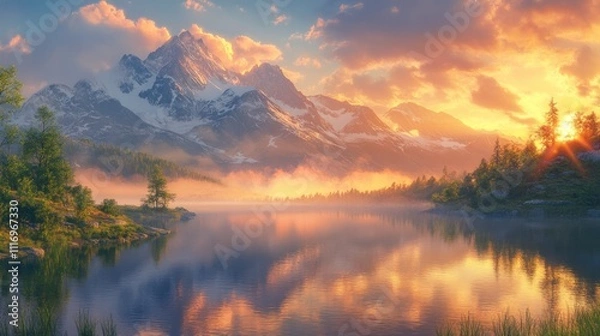 Fototapeta Majestic Mountain Lake at Sunrise with Misty Reflections