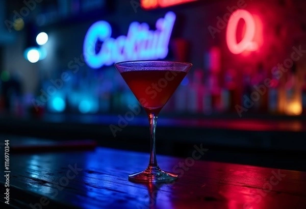 Fototapeta Moody Bar Interior with Shallow Depth of Field: Blue Neon Cocktail Glass and Red Drink Captured in Cinematic Lighting