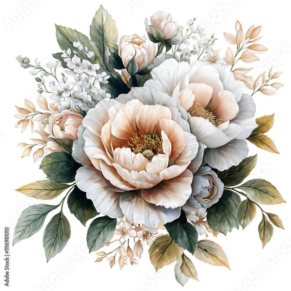 Fototapeta Nature, flowers, clipart watercolor painting of flower, symmetrical pattern, botanical print on white background, vintage style.QW-0207