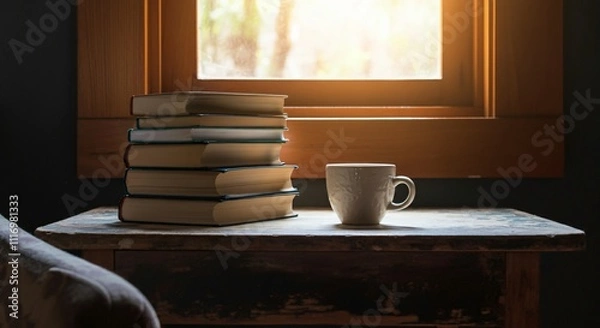 Fototapeta A cozy reading nook with a stack of books and a cup of tea by the window
